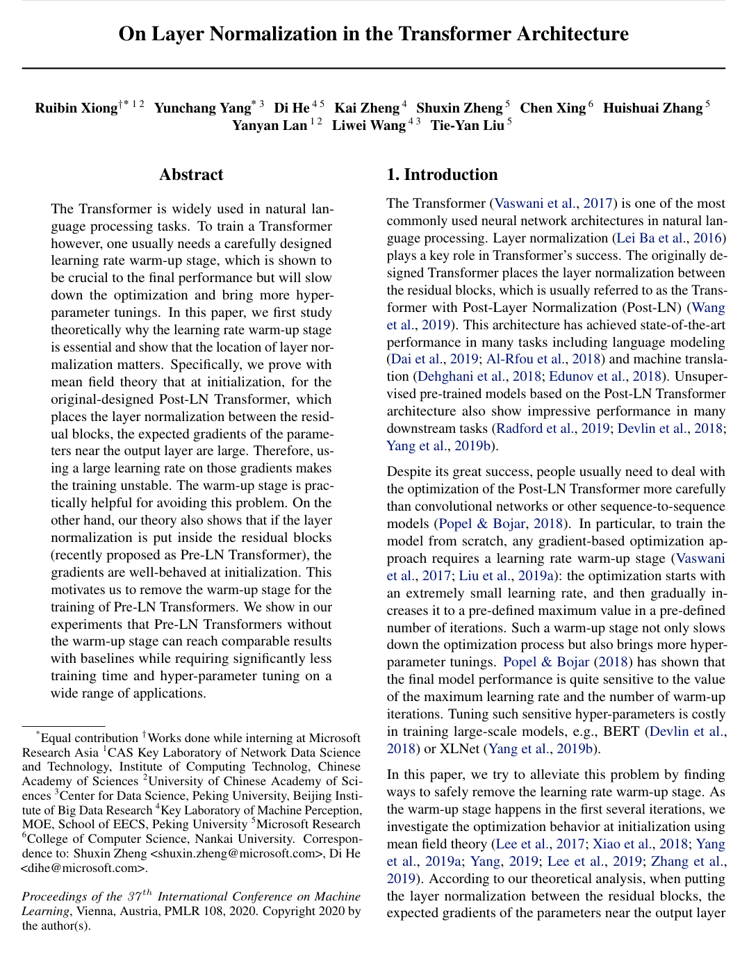 On Layer Normalization in the Transformer Architecture