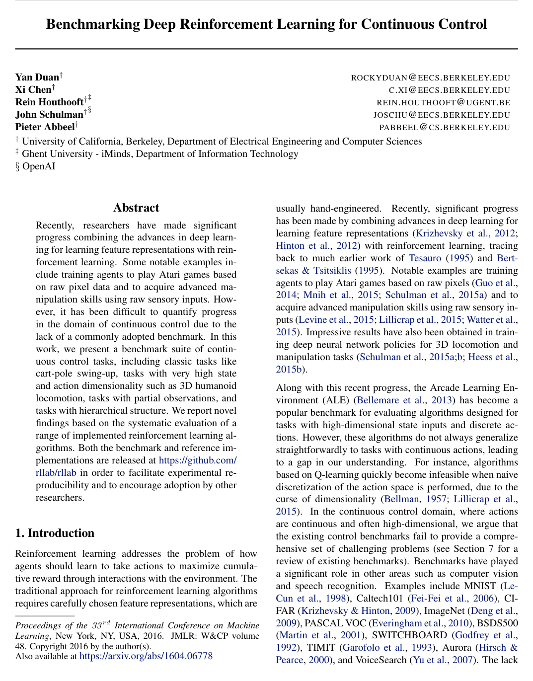 Cover for Benchmarking Deep Reinforcement Learning for Continuous Control