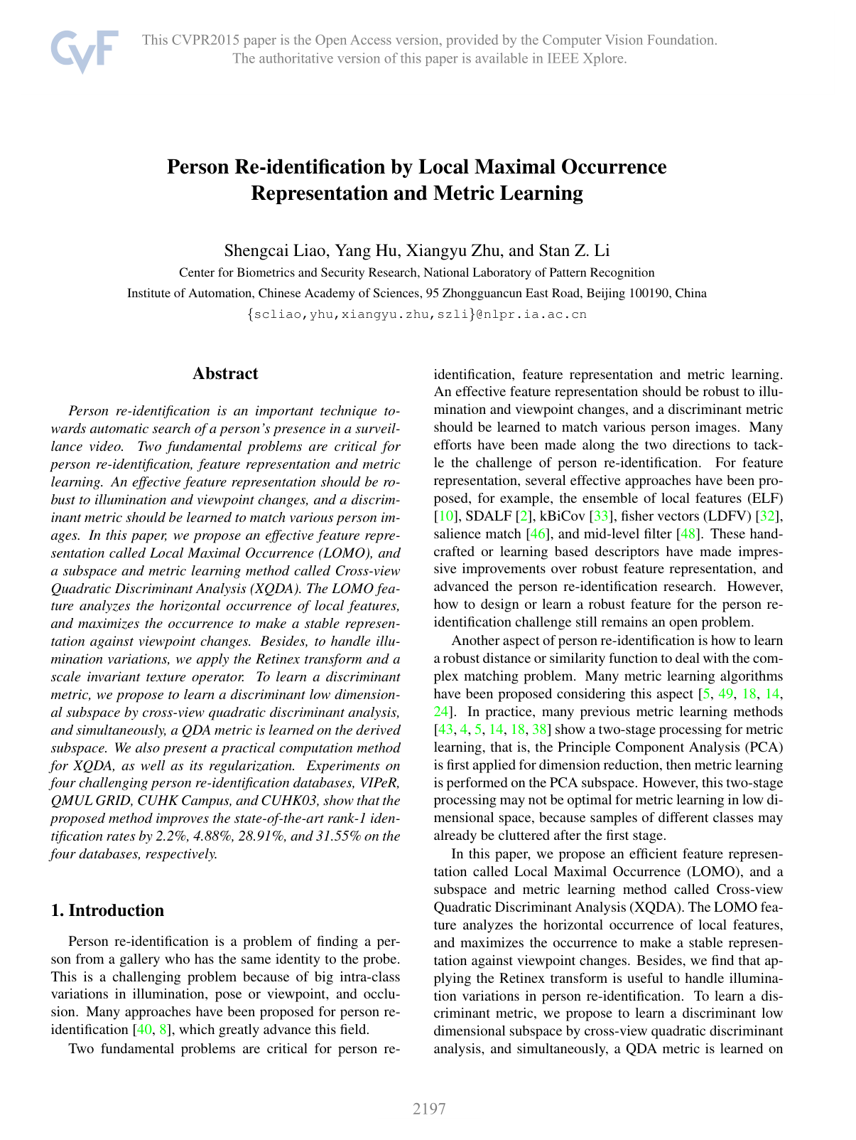 Person re-identification by Local Maximal Occurrence representation and metric learning