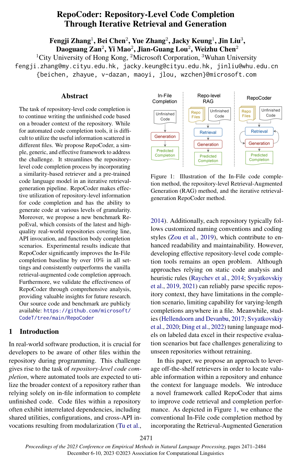 Cover for RepoCoder: Repository-Level Code Completion Through Iterative Retrieval and Generation