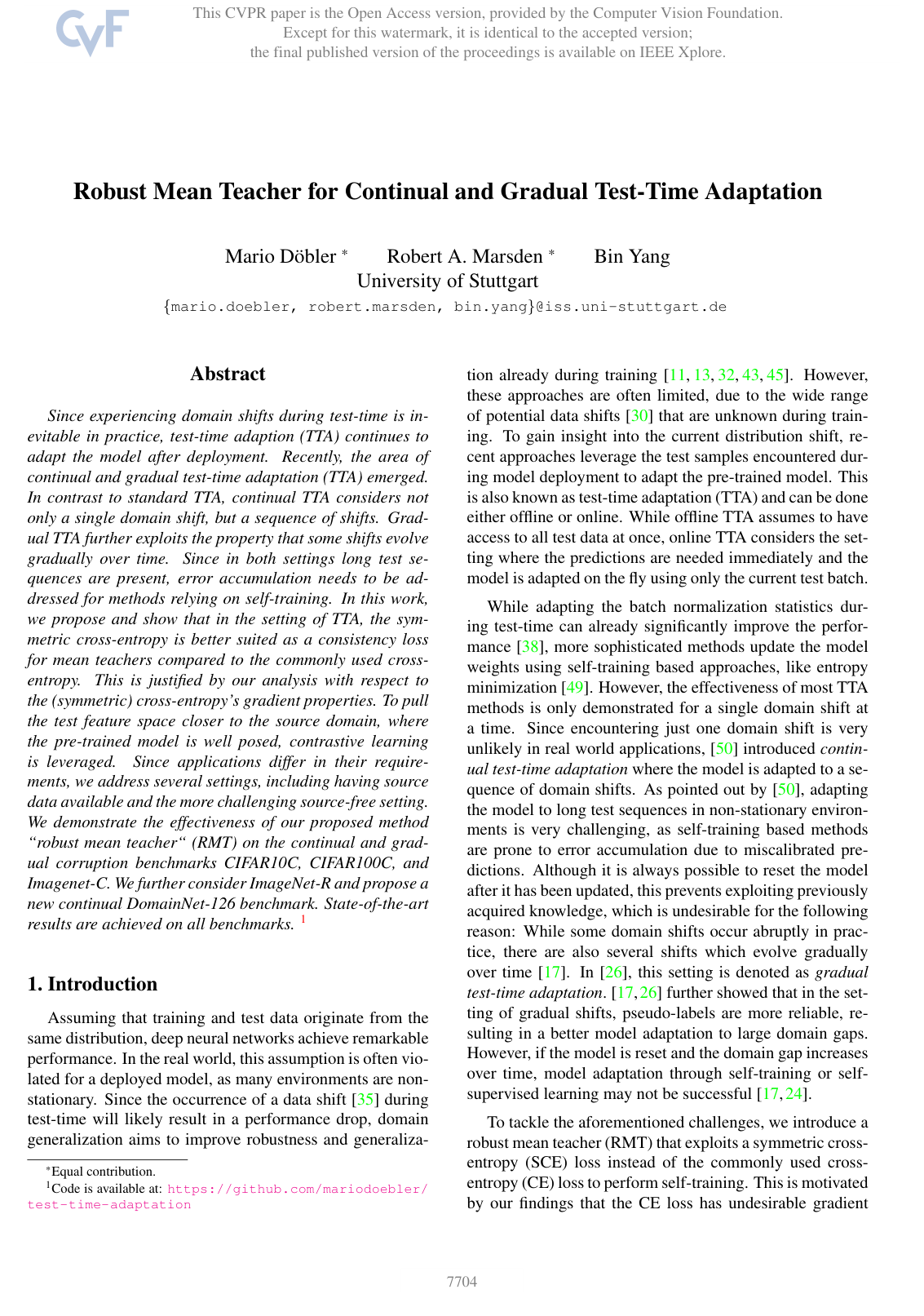 Robust Mean Teacher for Continual and Gradual Test-Time Adaptation