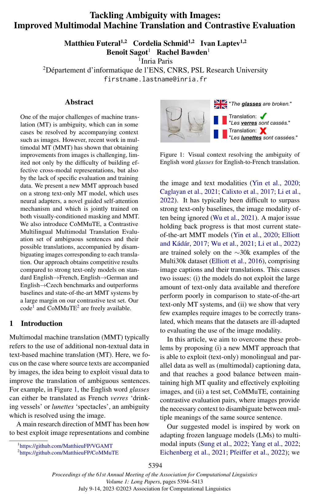 Tackling Ambiguity with Images: Improved Multimodal Machine Translation and Contrastive Evaluation