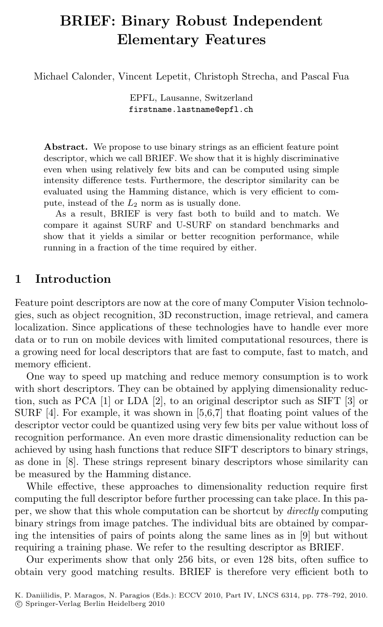 BRIEF: Binary Robust Independent Elementary Features