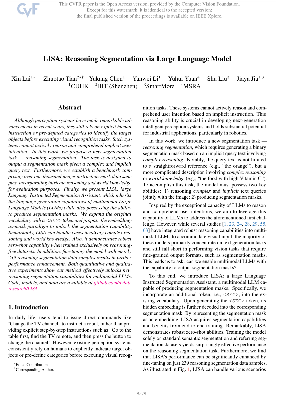 LISA: Reasoning Segmentation via Large Language Model