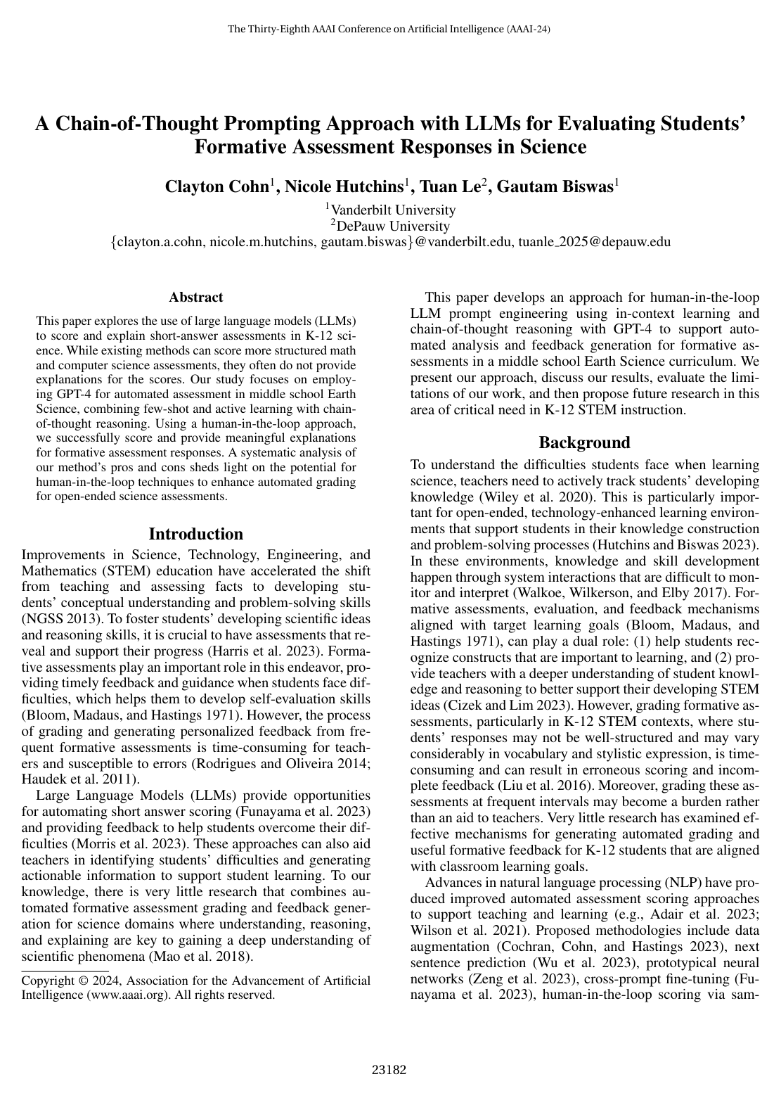 Cover for A Chain-of-Thought Prompting Approach with LLMs for Evaluating Students' Formative Assessment Responses in Science