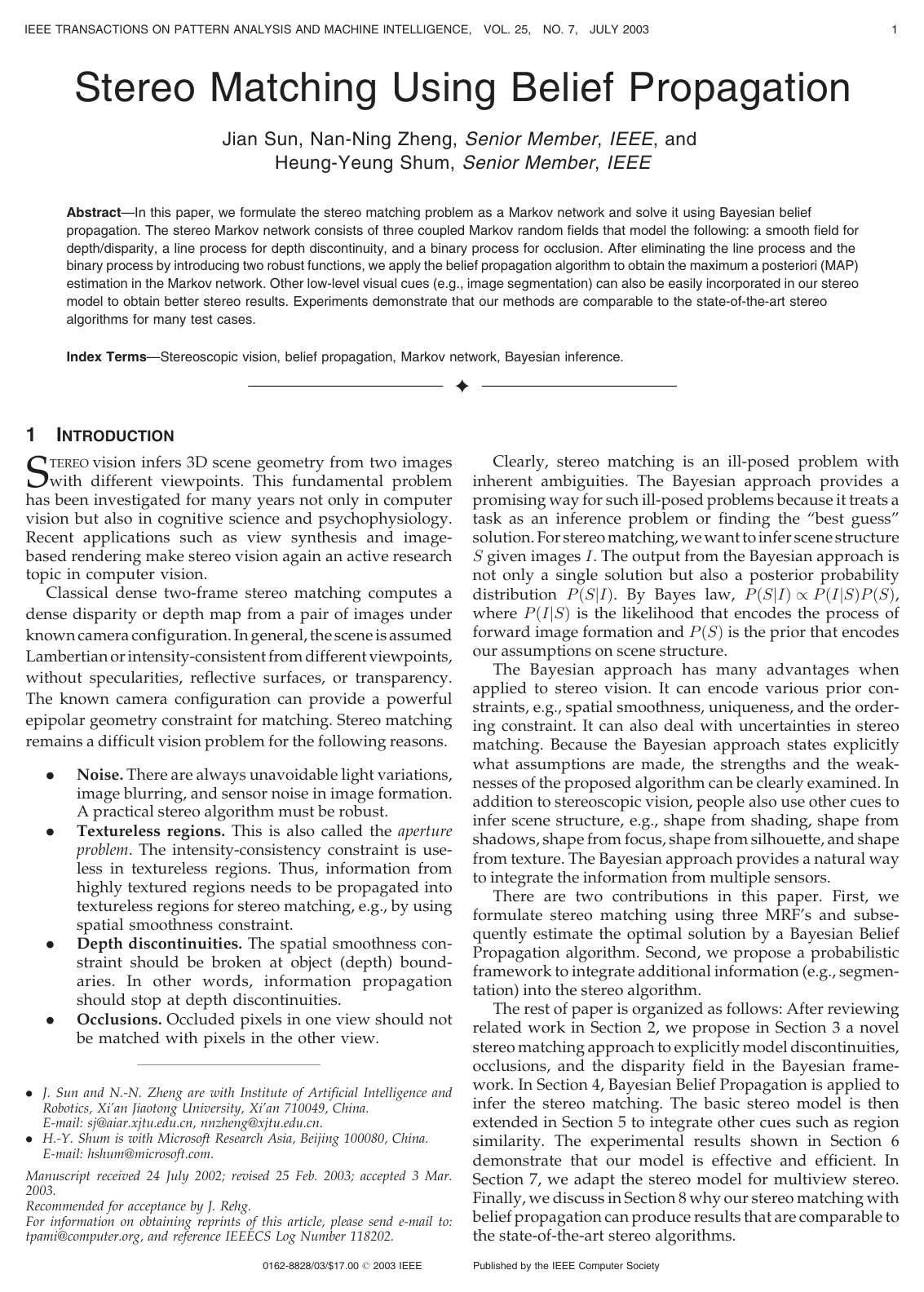 Stereo Matching Using Belief Propagation