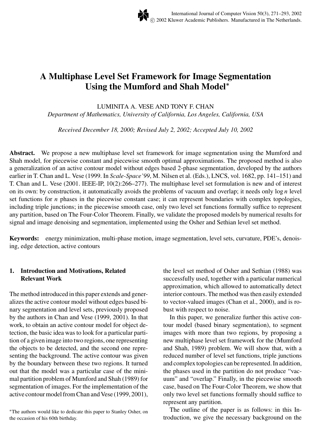A Multiphase Level Set Framework for Image Segmentation Using the Mumford and Shah Model