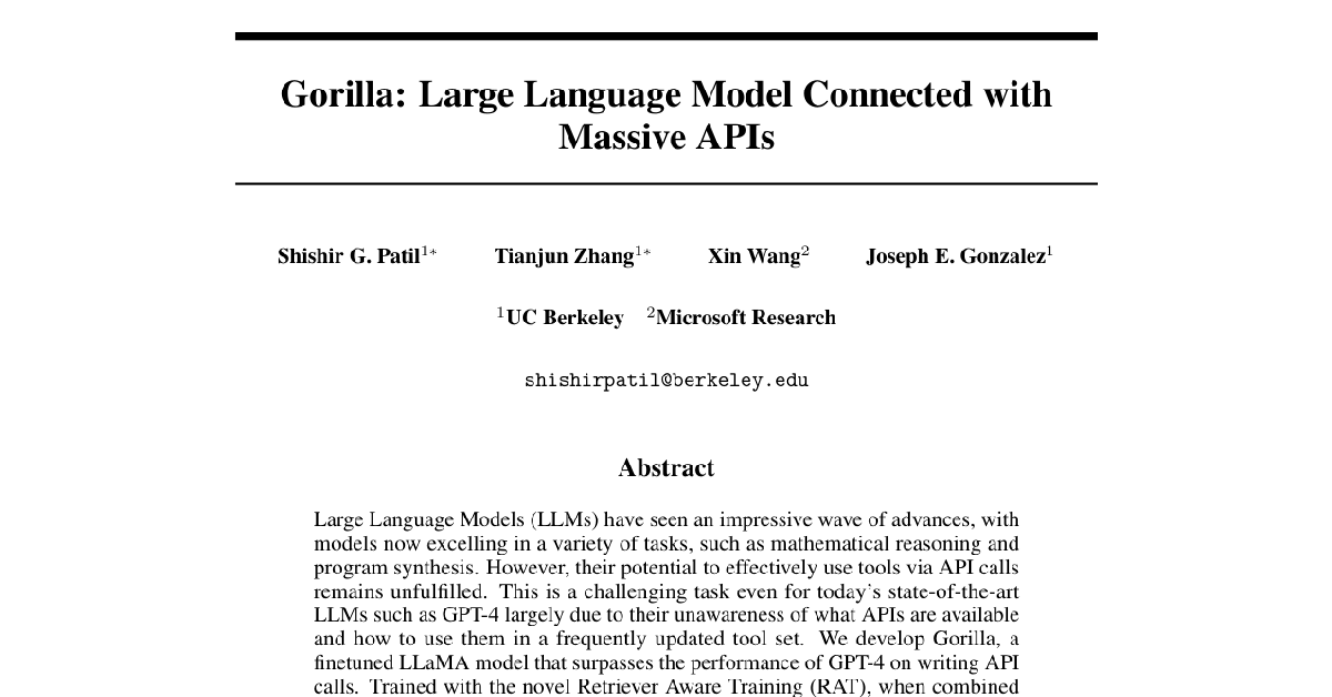 Gorilla: Large Language Model Connected with Massive APIs cover