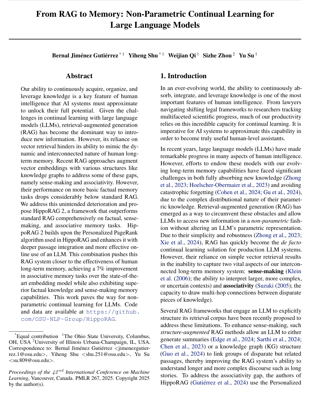 From RAG to Memory: Non-Parametric Continual Learning for Large Language Models