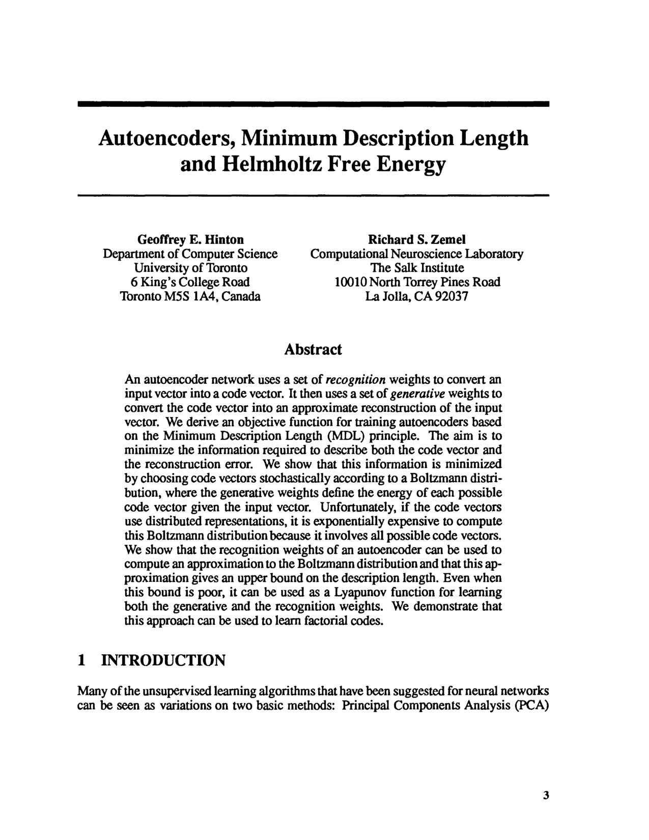Autoencoders, Minimum Description Length and Helmholtz Free Energy