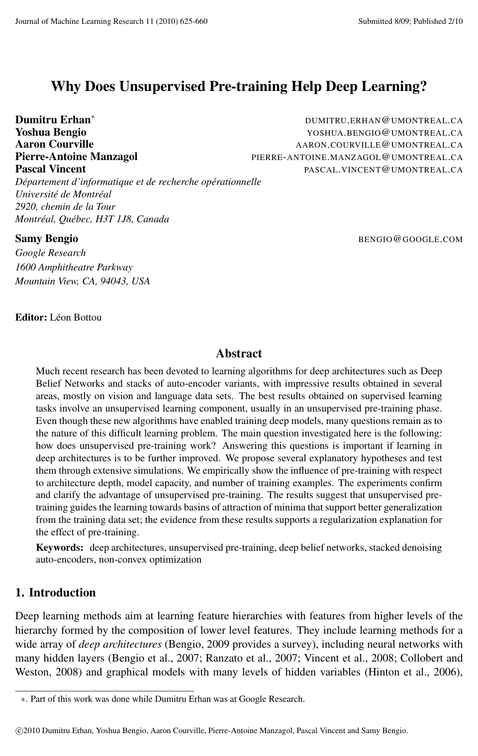 Cover for Why Does Unsupervised Pre-training Help Deep Learning?
