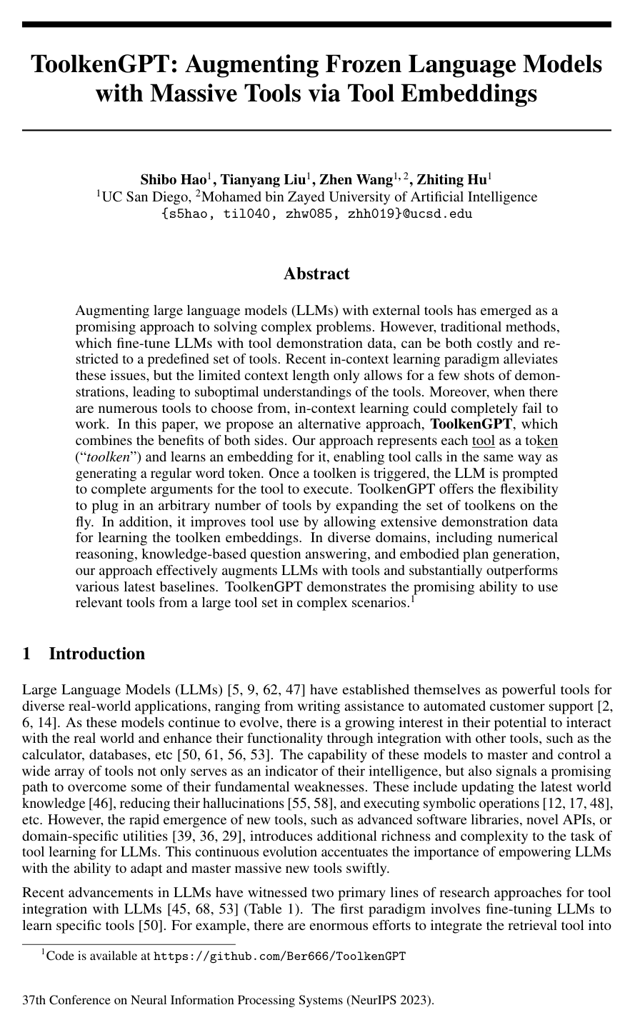 Cover for ToolkenGPT: Augmenting Frozen Language Models with Massive Tools via Tool Embeddings