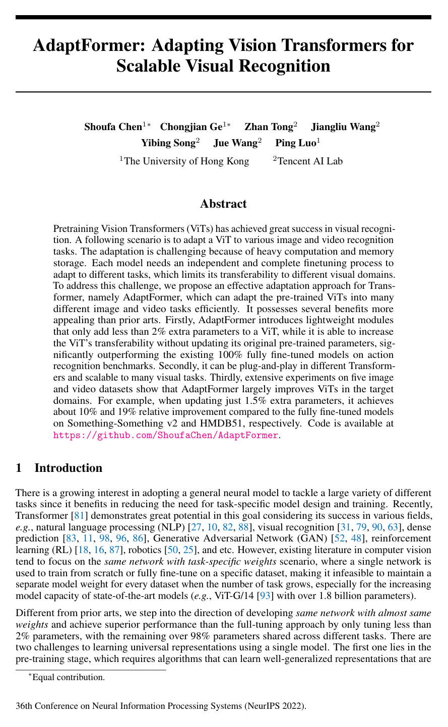 AdaptFormer: Adapting Vision Transformers for Scalable Visual Recognition