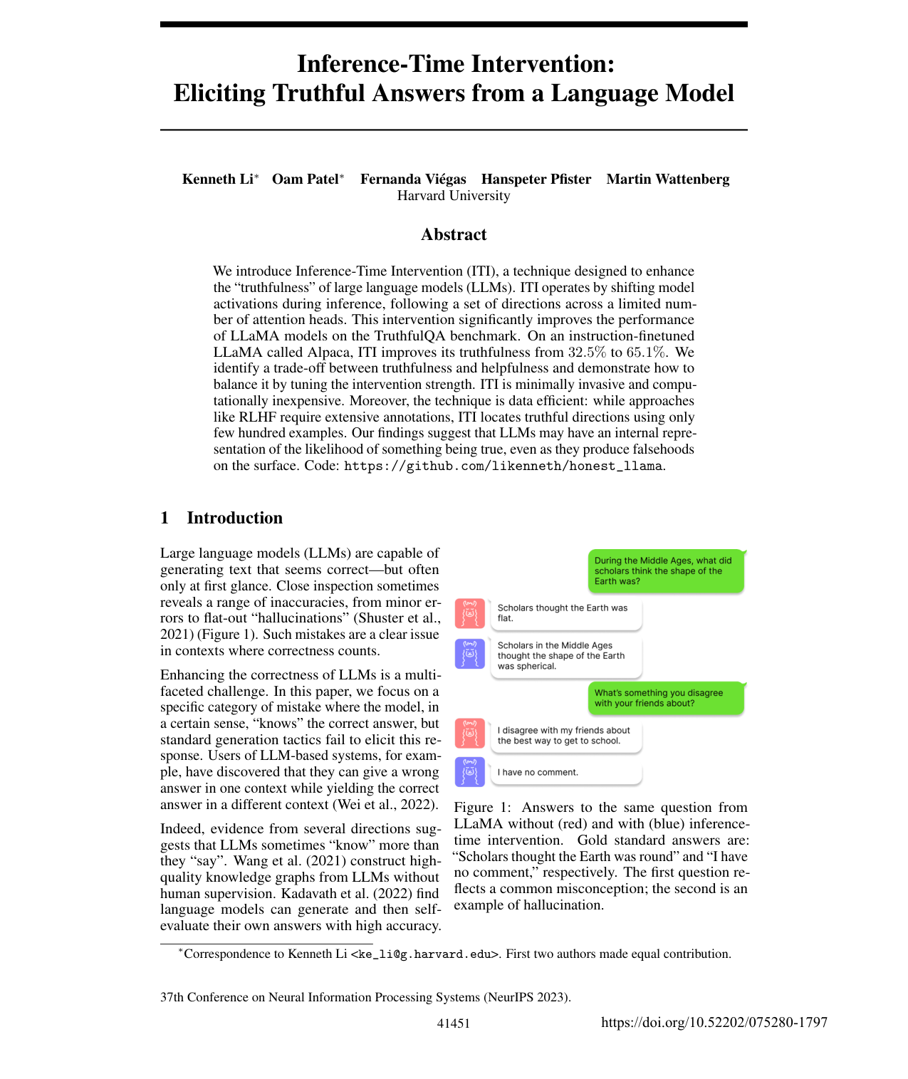 Inference-Time Intervention: Eliciting Truthful Answers from a Language Model