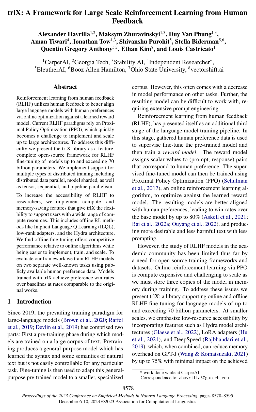 trlX: A Framework for Large Scale Reinforcement Learning from Human Feedback