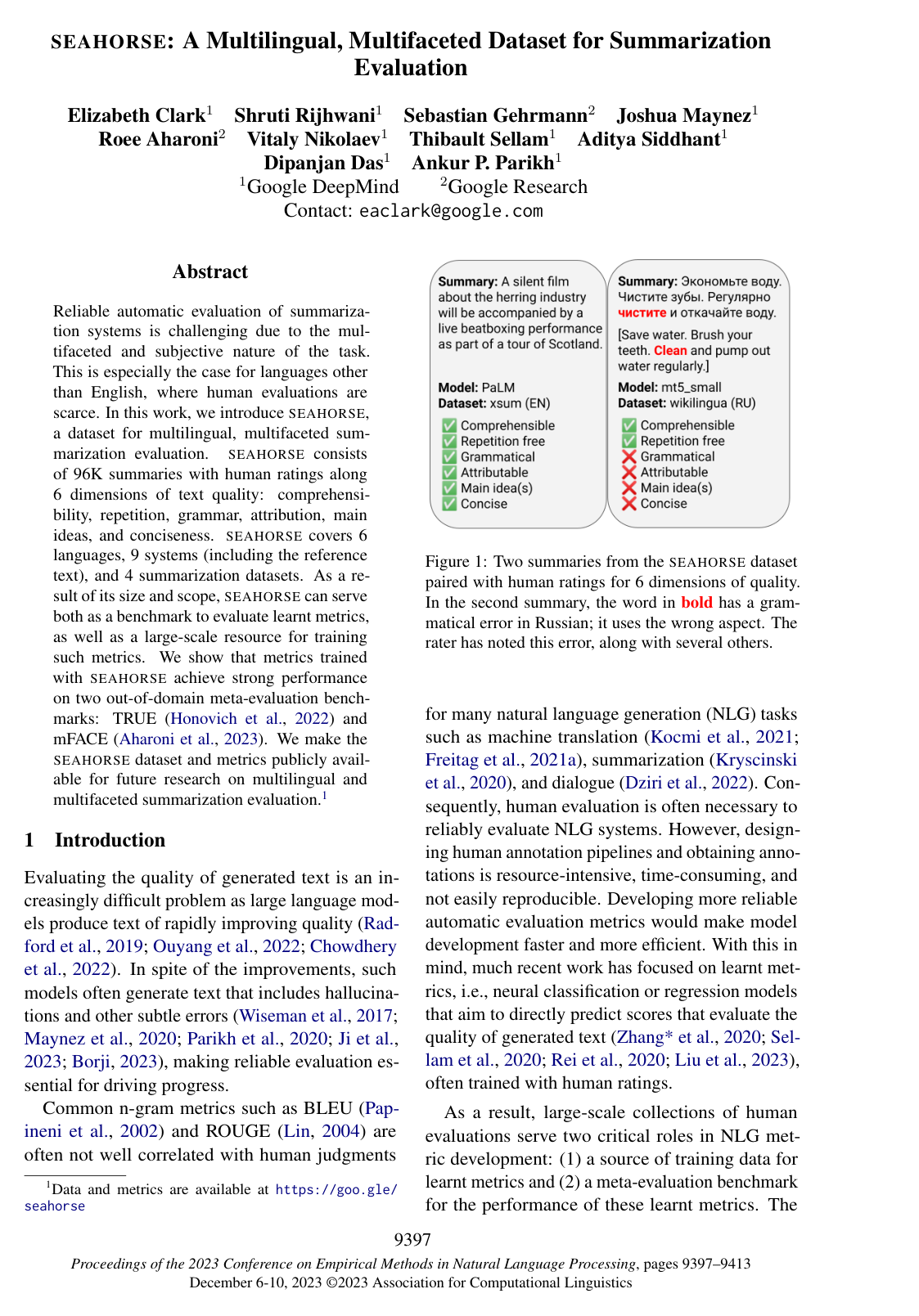 Cover for SEAHORSE: A Multilingual, Multifaceted Dataset for Summarization Evaluation