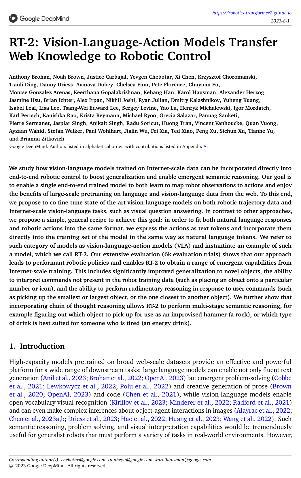 RT-2: Vision-Language-Action Models Transfer Web Knowledge to Robotic Control