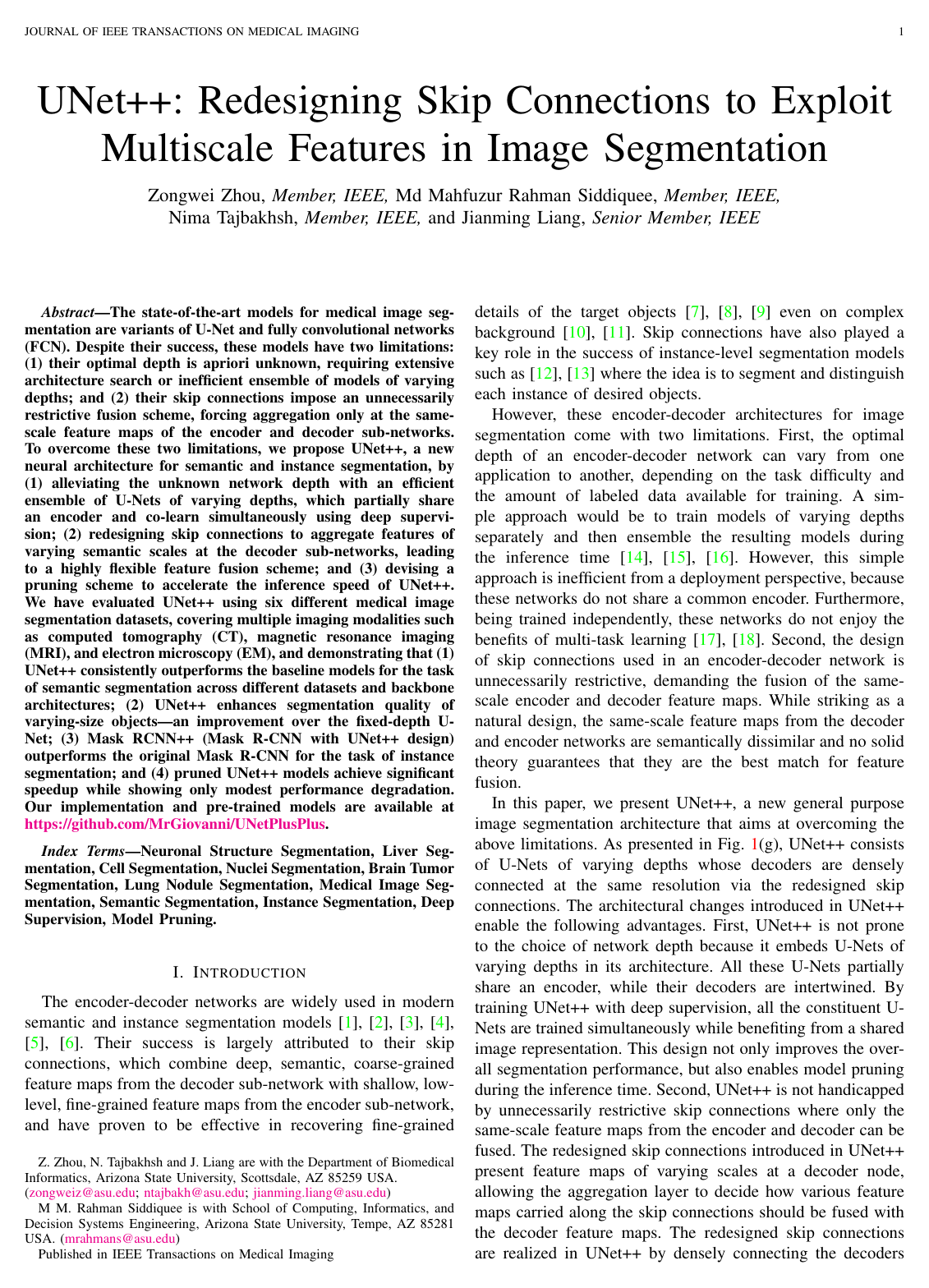 UNet++: Redesigning Skip Connections to Exploit Multiscale Features in Image Segmentation