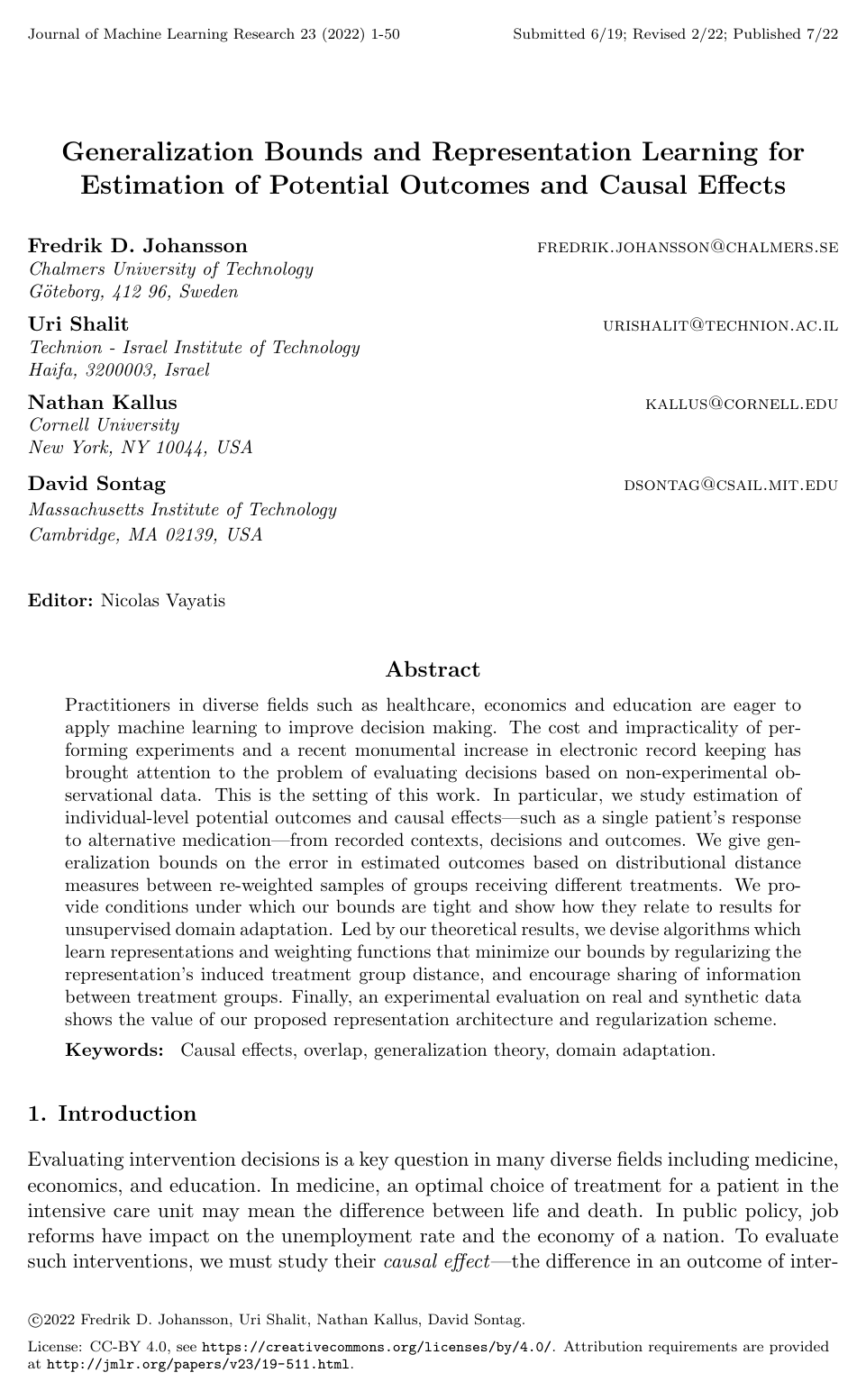 Cover for Generalization Bounds and Representation Learning for Estimation of Potential Outcomes and Causal Effects
