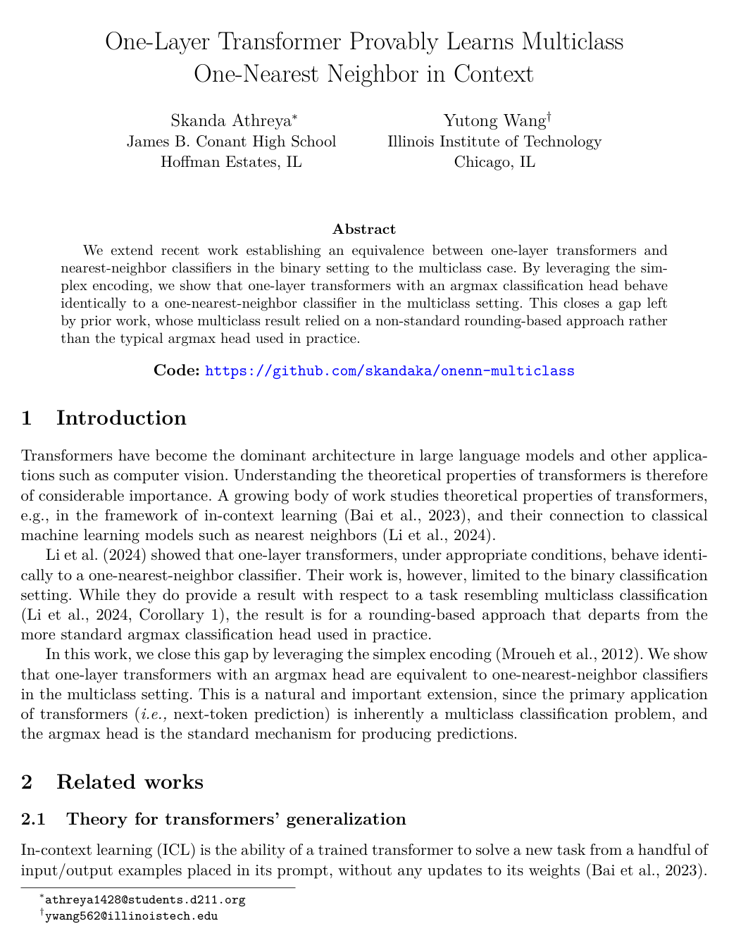 One-Layer Transformer Provably Learns Multiclass One-Nearest Neighbor in Context
