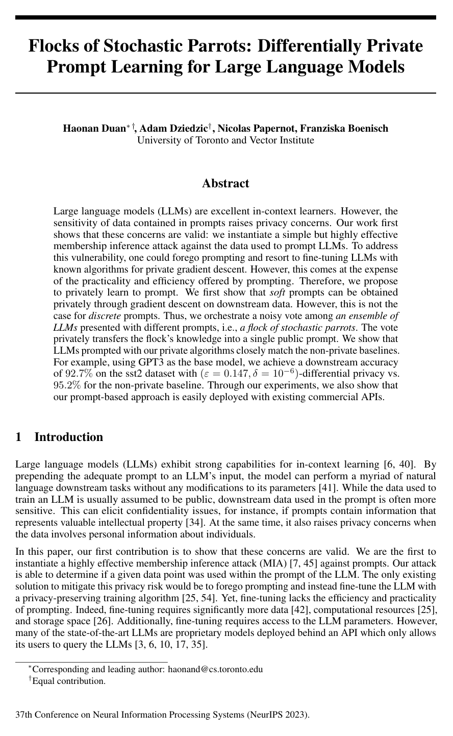 Cover for Flocks of Stochastic Parrots: Differentially Private Prompt Learning for Large Language Models
