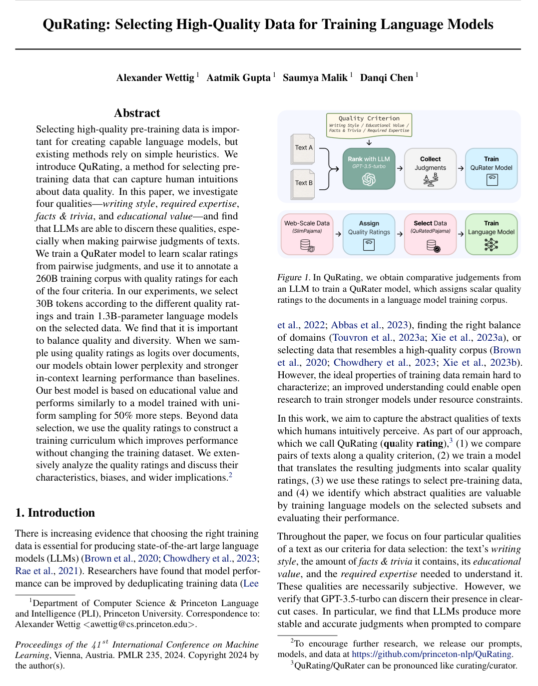 QuRating: Selecting High-Quality Data for Training Language Models