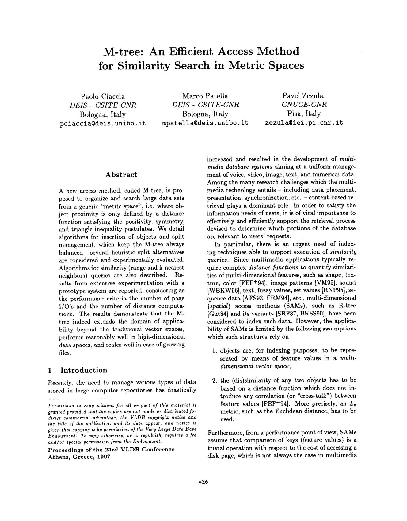 Cover for M-tree: An Efficient Access Method for Similarity Search in Metric Spaces