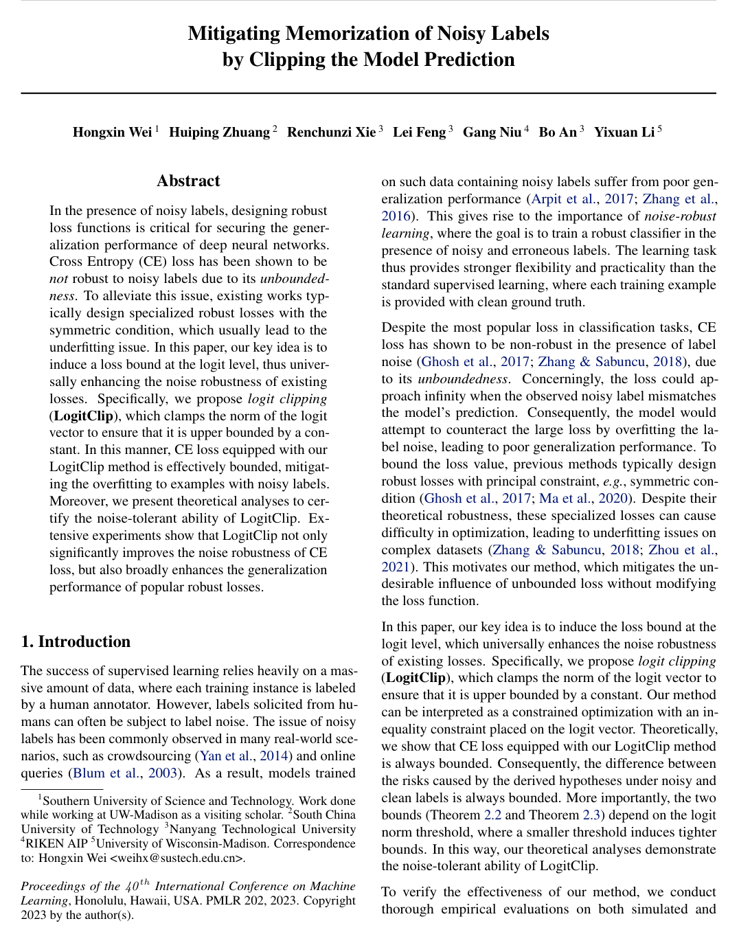 Mitigating Memorization of Noisy Labels by Clipping the Model Prediction