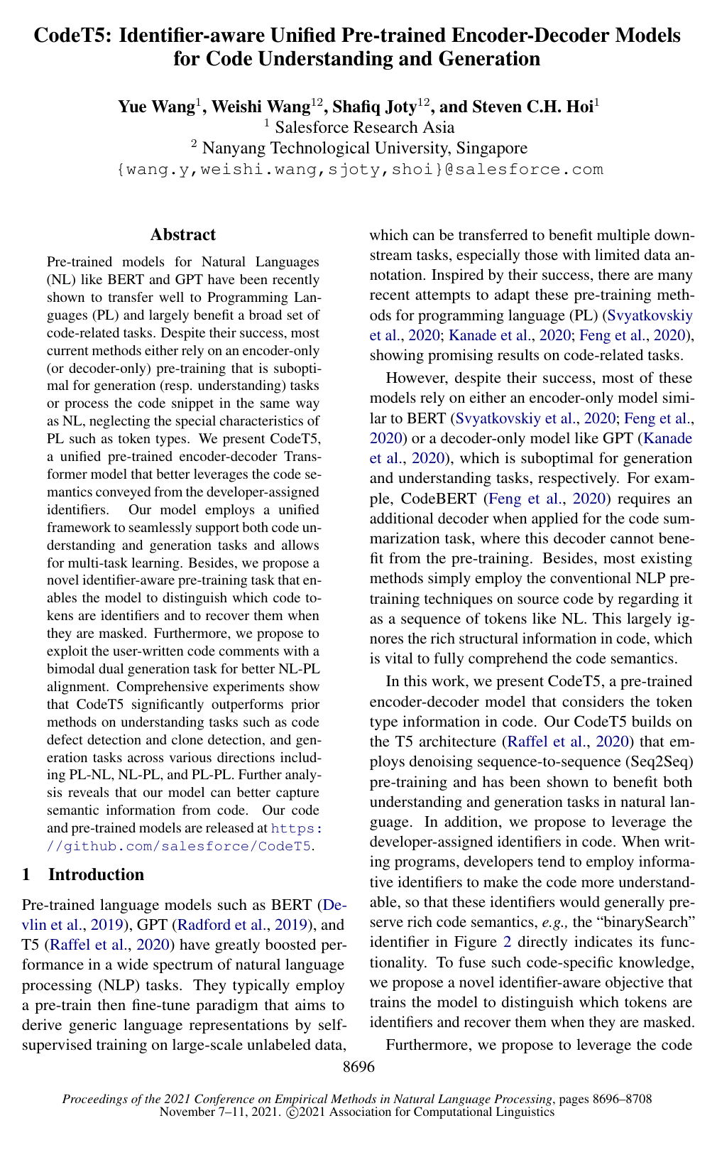 Cover for CodeT5: Identifier-aware Unified Pre-trained Encoder-Decoder Models for Code Understanding and Generation