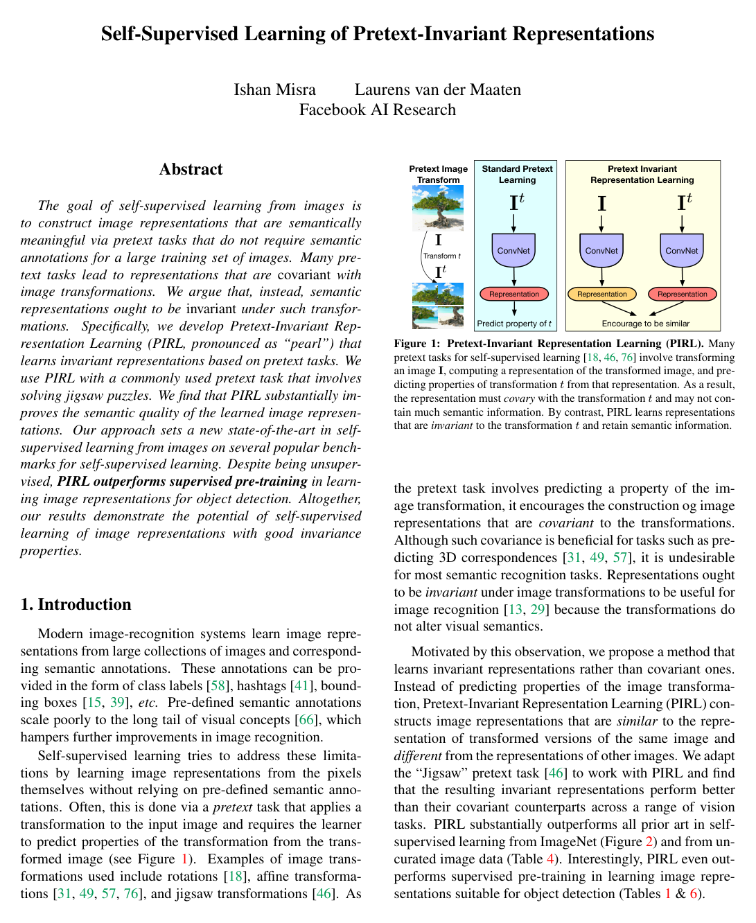 Self-Supervised Learning of Pretext-Invariant Representations