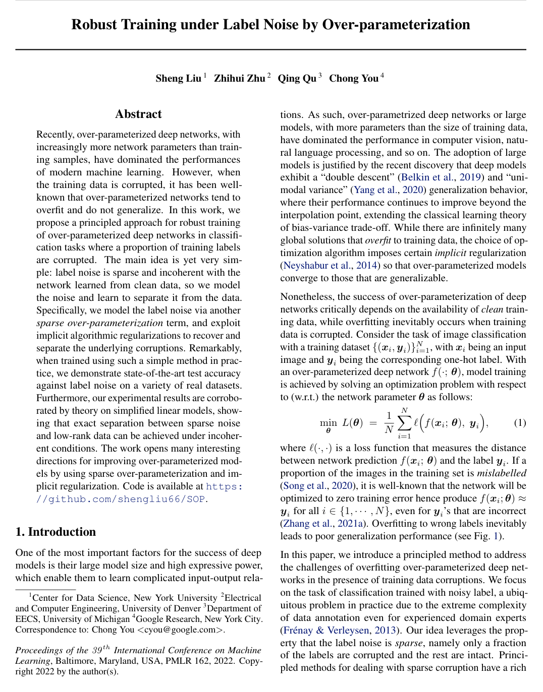 Cover for Robust Training under Label Noise by Over-parameterization