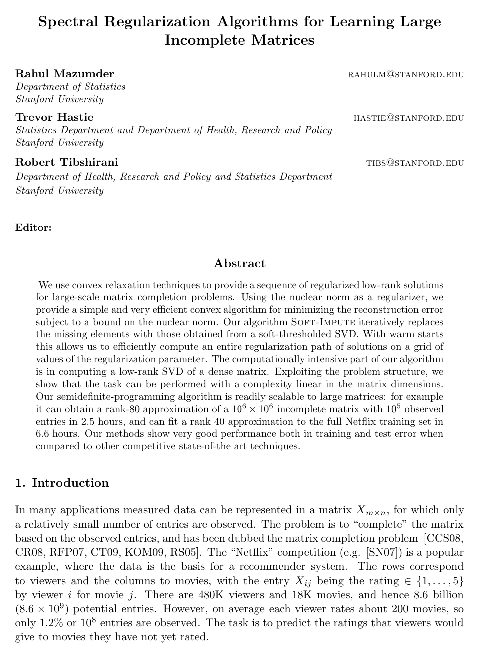 Cover for Spectral Regularization Algorithms for Learning Large Incomplete Matrices