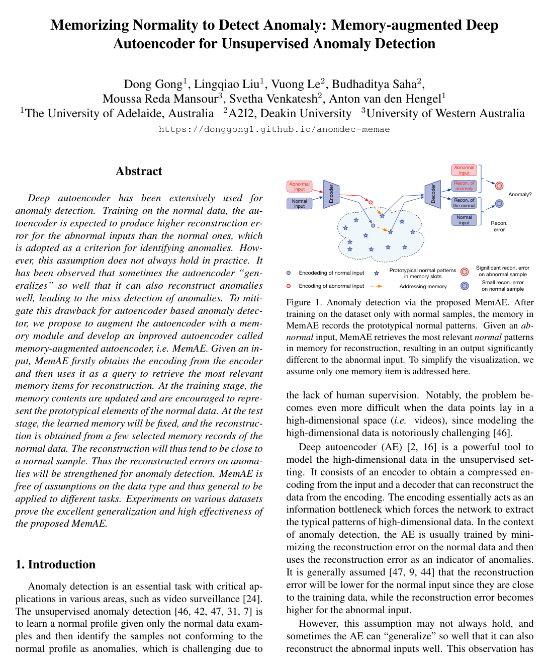 Cover for Memorizing Normality to Detect Anomaly: Memory-Augmented Deep Autoencoder for Unsupervised Anomaly Detection