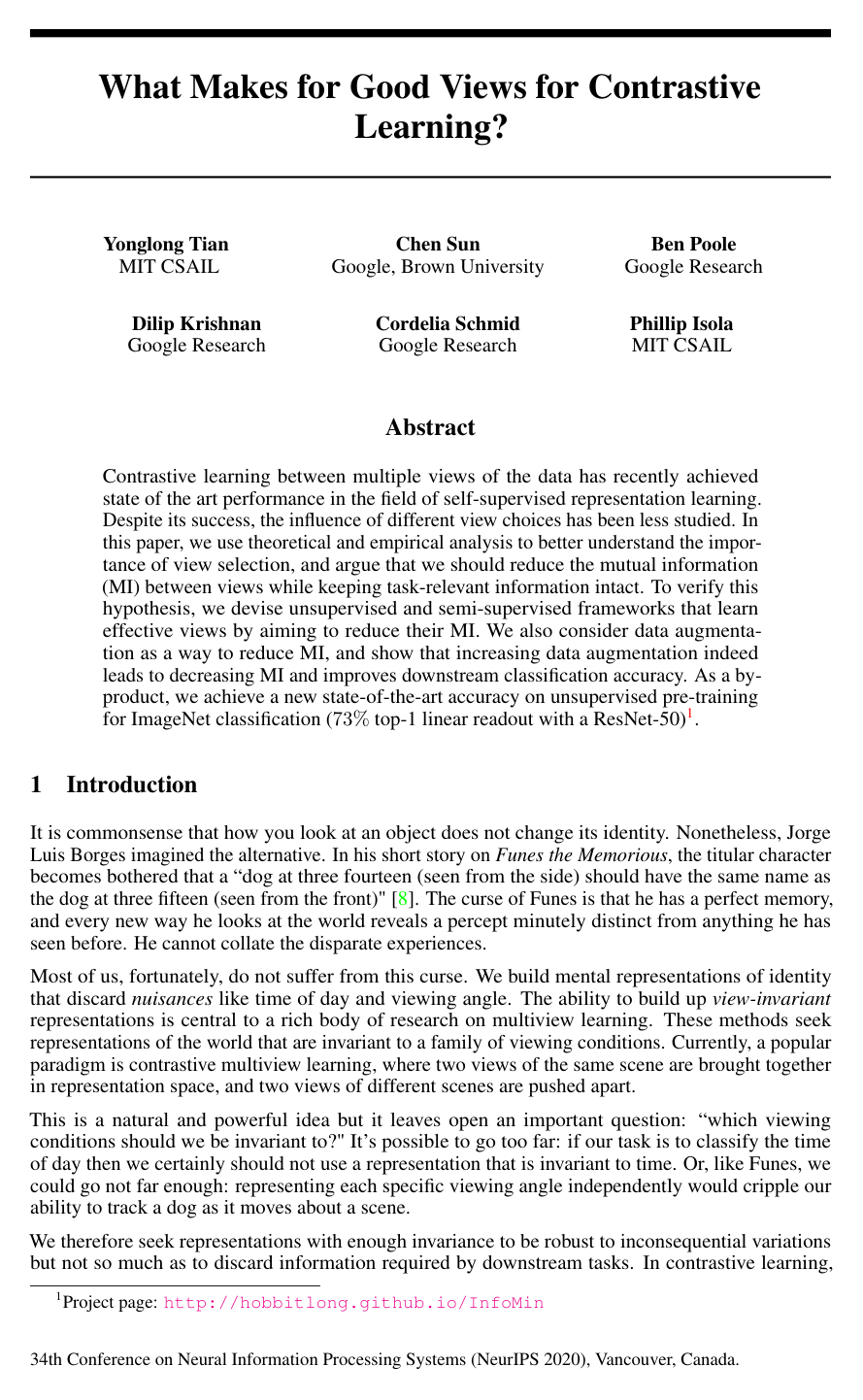What makes for good views for contrastive learning
