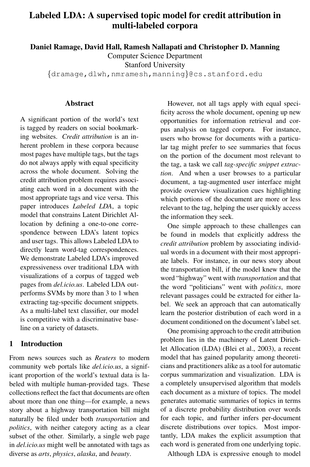 Cover for Labeled LDA: A supervised topic model for credit attribution in multi-labeled corpora