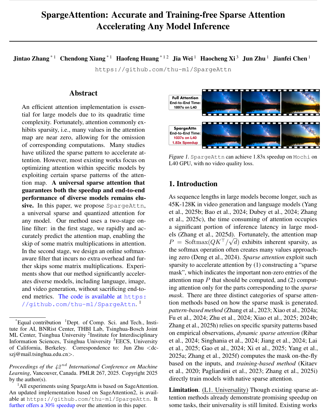 SpargeAttention: Accurate and Training-free Sparse Attention Accelerating Any Model Inference
