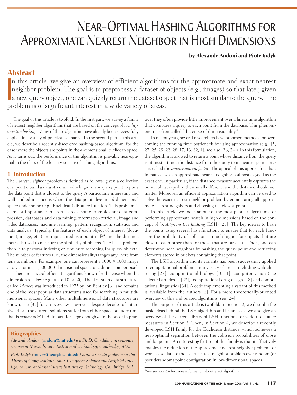 Near-optimal hashing algorithms for approximate nearest neighbor in high dimensions