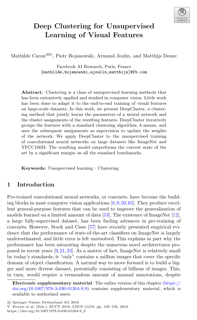 Cover for Deep Clustering for Unsupervised Learning of Visual Features
