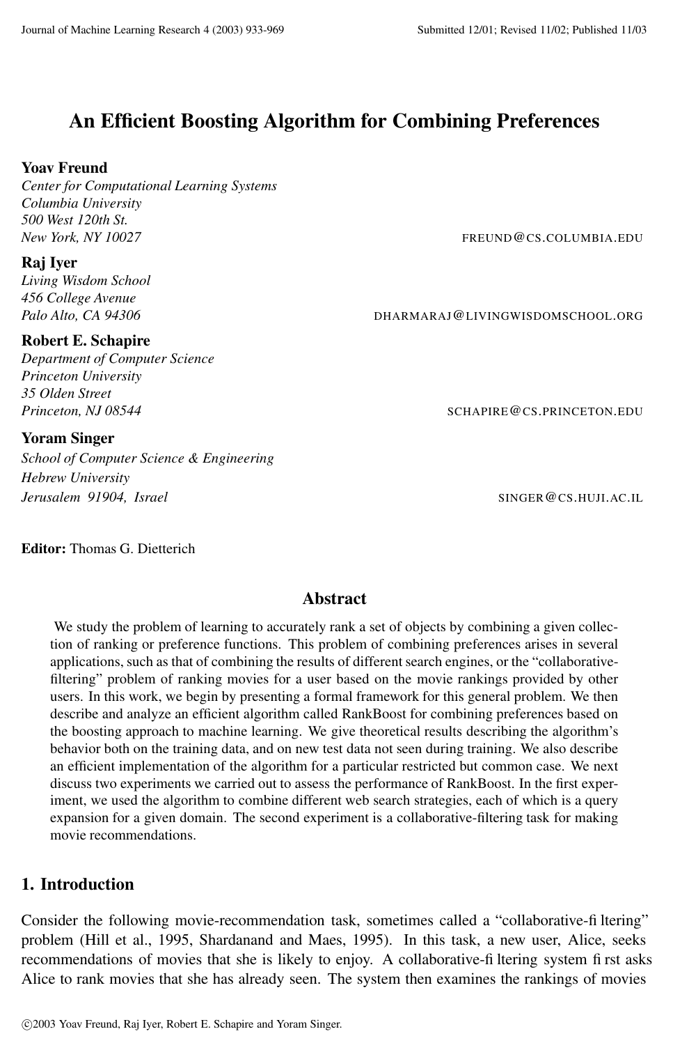 Cover for An Efficient Boosting Algorithm for Combining Preferences