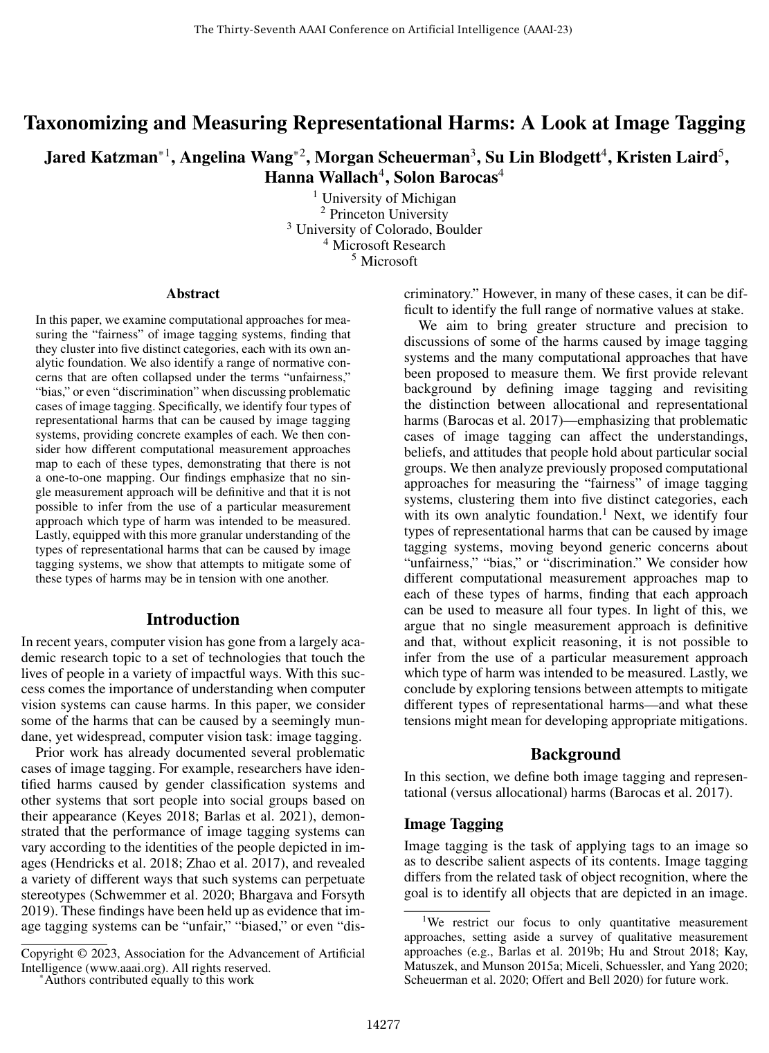 Cover for Taxonomizing and Measuring Representational Harms: A Look at Image Tagging
