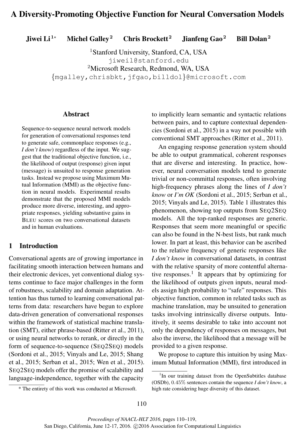 A Diversity-Promoting Objective Function for Neural Conversation Models