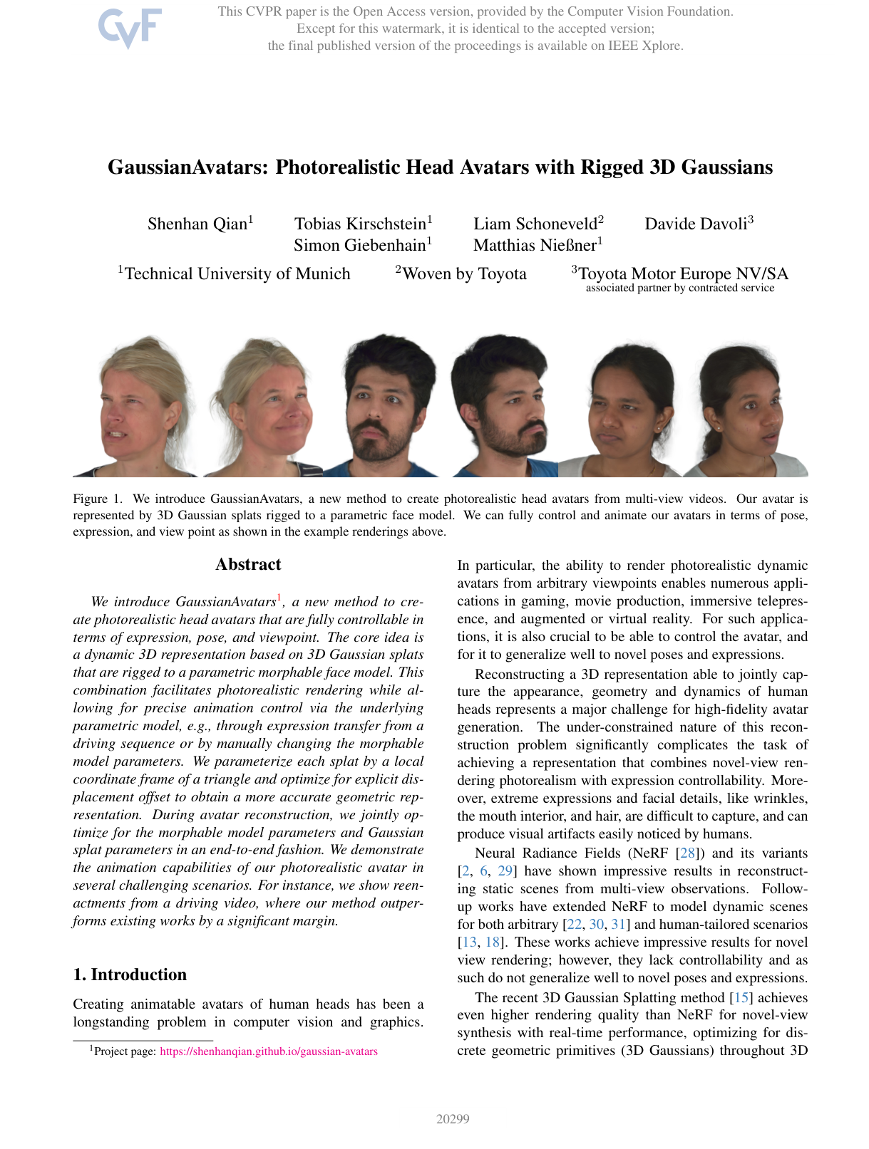 Cover for GaussianAvatars: Photorealistic Head Avatars with Rigged 3D Gaussians
