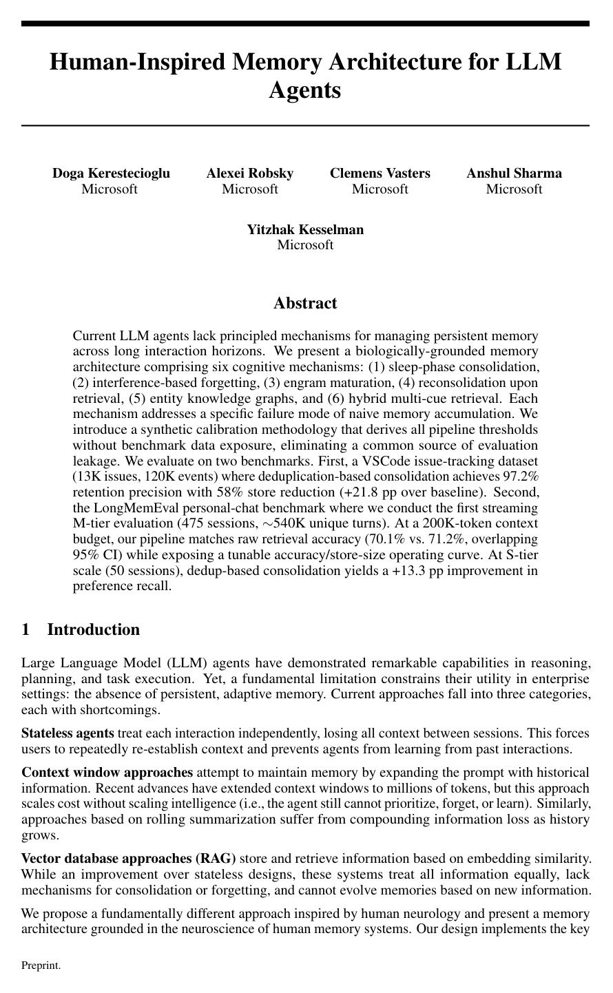 Cover for Human-Inspired Memory Architecture for LLM Agents