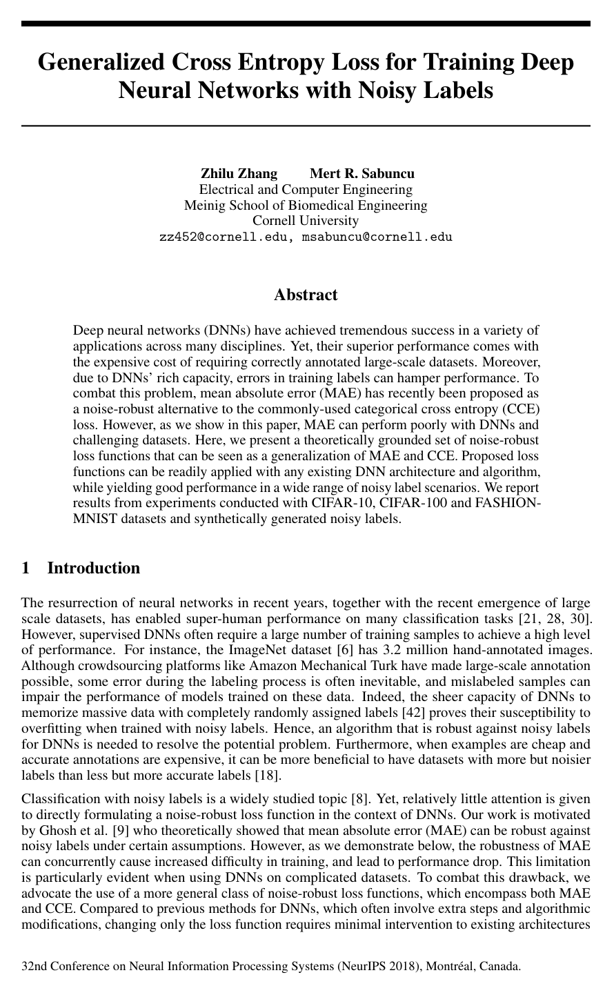 Generalized Cross Entropy Loss for Training Deep Neural Networks with Noisy Labels