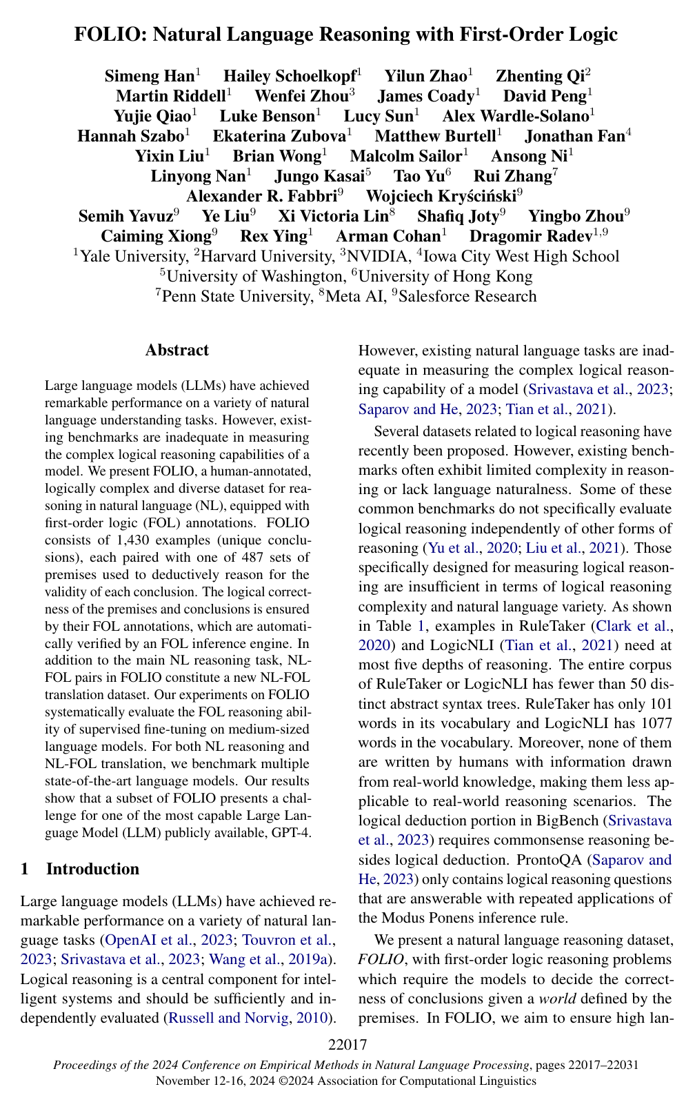 Cover for FOLIO: Natural Language Reasoning with First-Order Logic