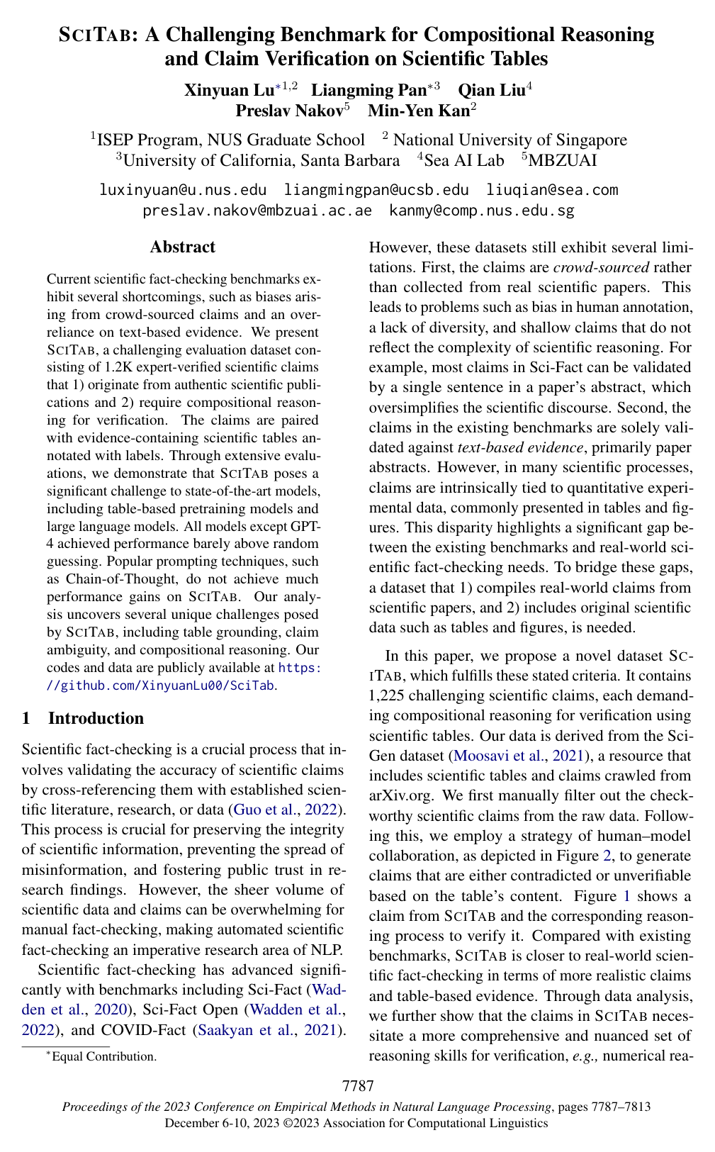 SCITAB: A Challenging Benchmark for Compositional Reasoning and Claim Verification on Scientific Tables