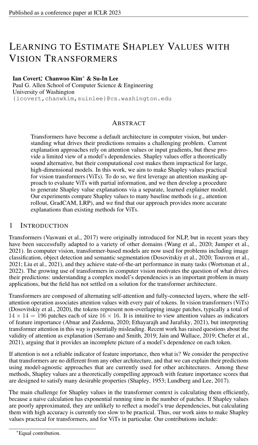 Cover for Learning to Estimate Shapley Values with Vision Transformers