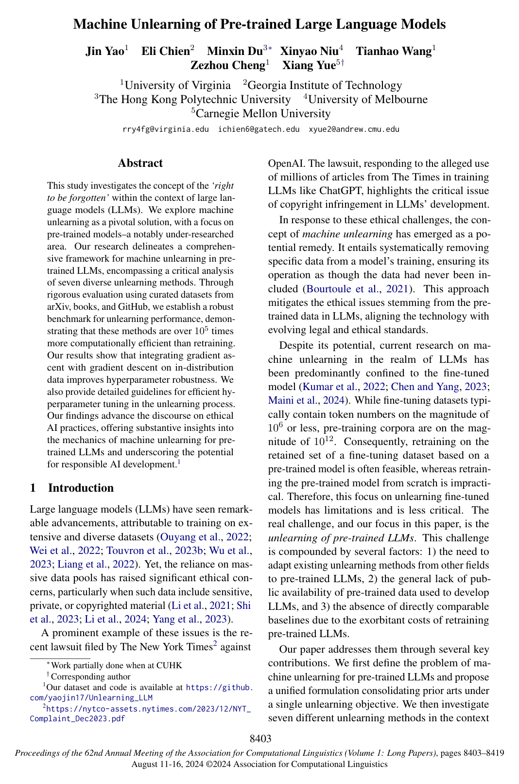 Cover for Machine Unlearning of Pre-trained Large Language Models