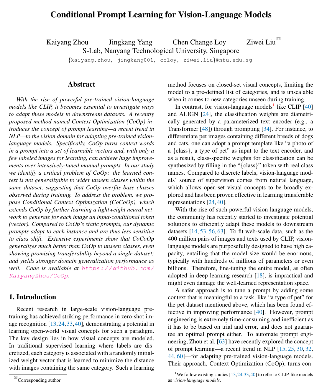 Cover for Conditional Prompt Learning for Vision-Language Models