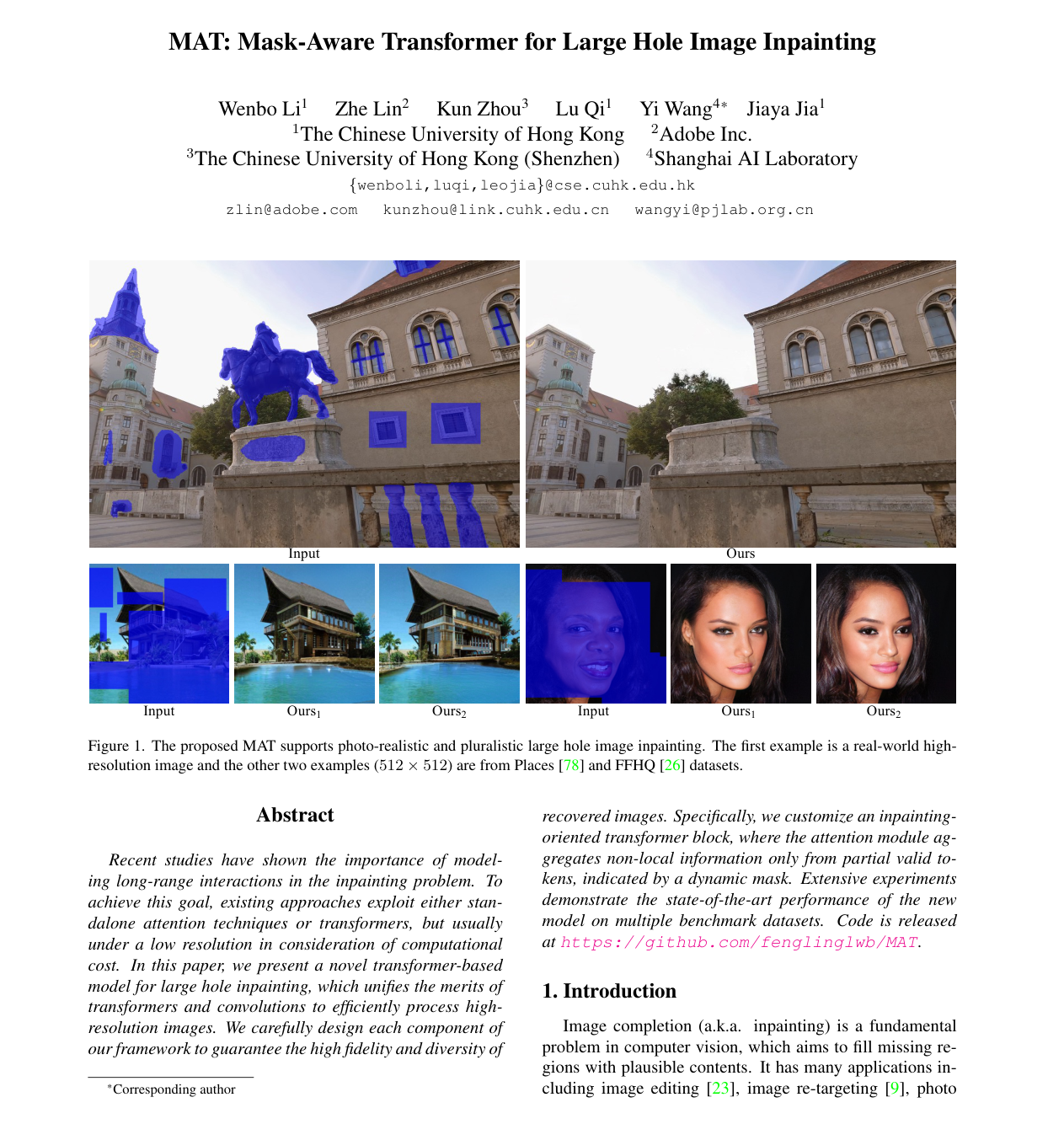 MAT: Mask-Aware Transformer for Large Hole Image Inpainting